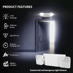 AKT LIGHTING Commercial Emergency Light, UL Certified, White Emergency Light Fixture with 2 LED Square Heads Adjustable & Backup Batteries Exit Lighting（6Pack）