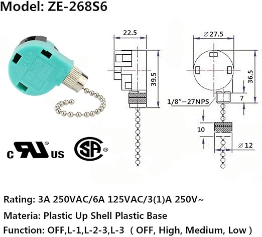 Ceiling Fan Switch 3 Speed 4 Wire Zing Ear ZE 268S6 Pull Chain Switch Control Replacement 3 Speed Control Switch Ceiling Fans, Wall Lamps, Cabinet Light