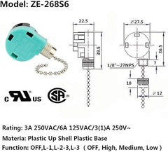 Ceiling Fan Switch 3 Speed 4 Wire Zing Ear ZE 268S6 Pull Chain Switch Control Replacement 3 Speed Control Switch Ceiling Fans, Wall Lamps, Cabinet Light