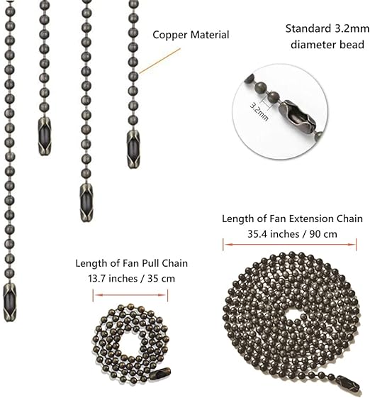 Wayilea Ceiling Fan Light Pull Chain Extender, 3.2mm Diameter Oil Rubbed Bronze Chain String Extension Replacement for lamp Fixture (Four 13.7 Inch, Two 35.4 Inch, 12 connectors & 6 Hooks)