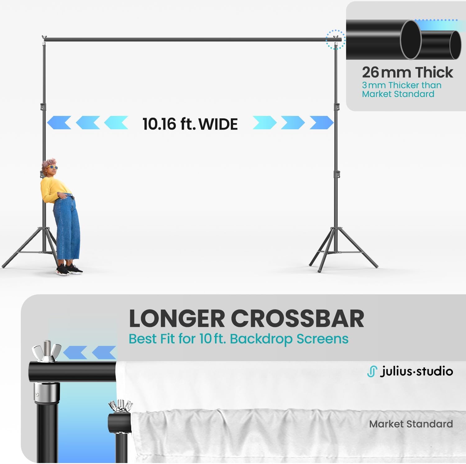 Julius Studio [Enhanced Heavy Duty] 10.1 x 8 ft. (W x H) Backdrop Stand Background Support, Upgraded Strong & Sturdy Frame, Thicker Pole, Metal Cap Head, Heavy Joint, Anti-Slip Rubber Shoe, JSAG283