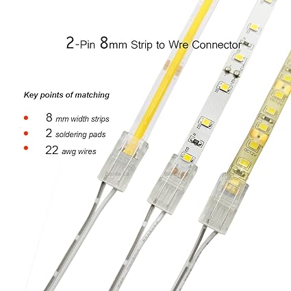 Biantie La 2-Pin 8mm COB LED Strip to Wire Connector Unwired Clips Solderless Adapter Terminal Extension Connection for High Density LED Strip Lights 12V 24V (Pack of 10)