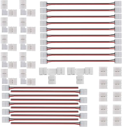 FSJEE 2Pin 8mm LED Strip Connector Kit Include L Shape 2 Pin Right Angle Corner Connector, T Shape Connector, Solderless Gapless Connector, Strip to Strip Jumper Wires for 2Pin 8mm 3528/2835 LED Strip