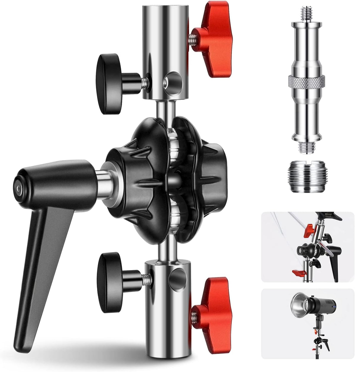 Roll over image to zoom in NEEWER Heavy Duty Light Stand Head Adapter with All Metal Dual Swivel Ball Joint, Dual 5/8" Receivers, 1/4" to 3/8" Convertor Spigot Stud, 3/8" to 5/8" Screw, for C Stand, Max Load 14lb, UA020