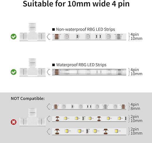 JACKYLED T Shape 4-Pin LED Connectors 10-Pack 10mm Wide Unwired Solderless Gapless Adapter Connectors Terminal Extension 12V 72W with 32pcs Clips for 5050 3528 SMD RGB LED Strip Lights