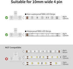 JACKYLED T Shape 4-Pin LED Connectors 10-Pack 10mm Wide Unwired Solderless Gapless Adapter Connectors Terminal Extension 12V 72W with 32pcs Clips for 5050 3528 SMD RGB LED Strip Lights