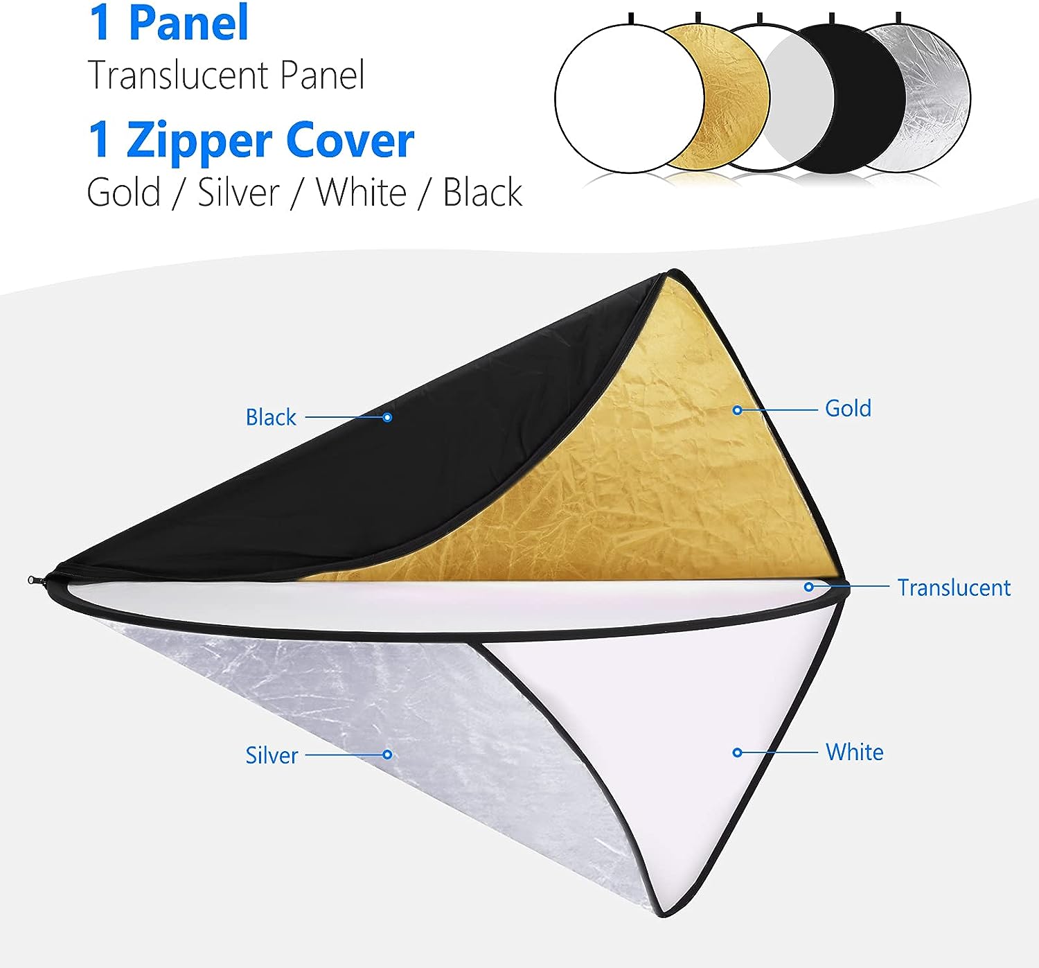 NEEWER 43 Inch/110 Centimeter Light Reflector Diffuser 5 in 1 Collapsible Multi Disc with Bag - Translucent, Silver, Gold, White, and Black for Studio Photography Lighting Outdoor