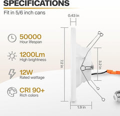 POWERASIA 12 Pack 5/6 Inch LED Can Lights with Night Light, 5CCT Retrofit Recessed Lighting Selectable 2700K-6000K Dimmable, 12W=75W, 1200LM Downlight with Metal Smooth Trim - ETL and Energy Star