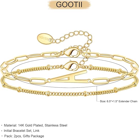 GOOTII 14K Gold Plated Stainless Steel Initial Bracelet Set Dainty Gold Letter Bracelet Layered Gold Bead Paperclip Link Chain Bracelet Jewelry Gifts for Women Girls