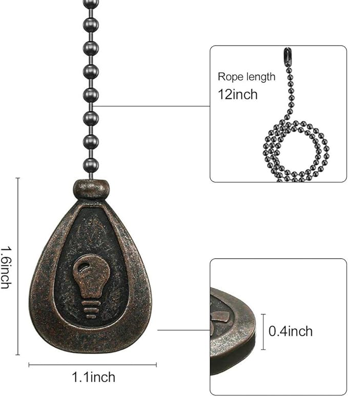 Dotlite Bronze Ceiling Fan Pull Chain Set, Decorative Fan Pull Chain Pendant Extension, 12 Inches Lighting & Fan Beaded Ball Chain Extender with Connector (2 Pack)