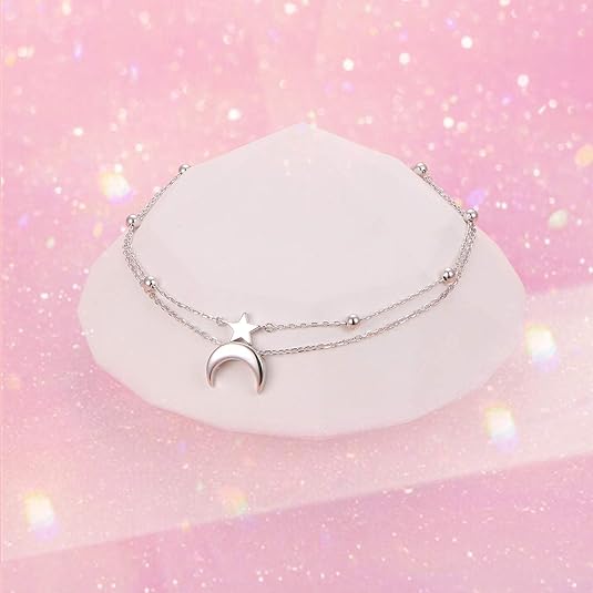 FLYOW Star and Moon Sun Layered Anklet 925 Sterling Silver for Women Girls Adjustable Butterfly Beads Ankle Bracelet Crescent Boho Beach Foot Chain 9 10 Inch Charm Jewelry