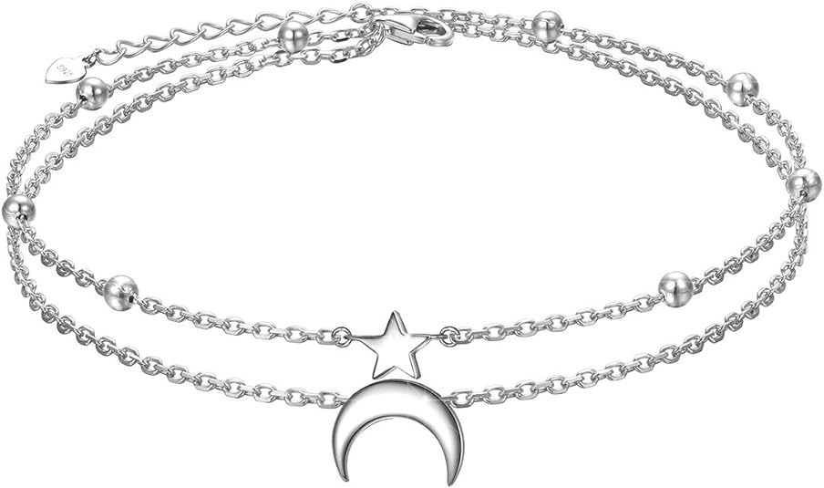 FLYOW Star and Moon Sun Layered Anklet 925 Sterling Silver for Women Girls Adjustable Butterfly Beads Ankle Bracelet Crescent Boho Beach Foot Chain 9 10 Inch Charm Jewelry