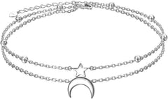 FLYOW Star and Moon Sun Layered Anklet 925 Sterling Silver for Women Girls Adjustable Butterfly Beads Ankle Bracelet Crescent Boho Beach Foot Chain 9 10 Inch Charm Jewelry