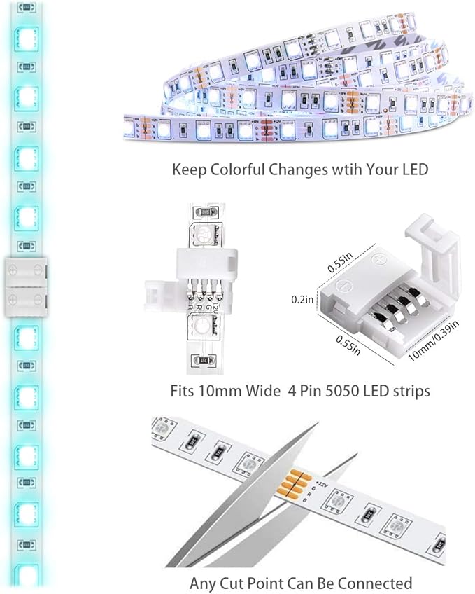 Jin&Bao LED Strip Light Connectors Kit - 10mm 4 Pin RGB Connectors, 12 Gapless, 6 Corner, 20 Wire Clips and Open Tool for 5V-24V LED Strips