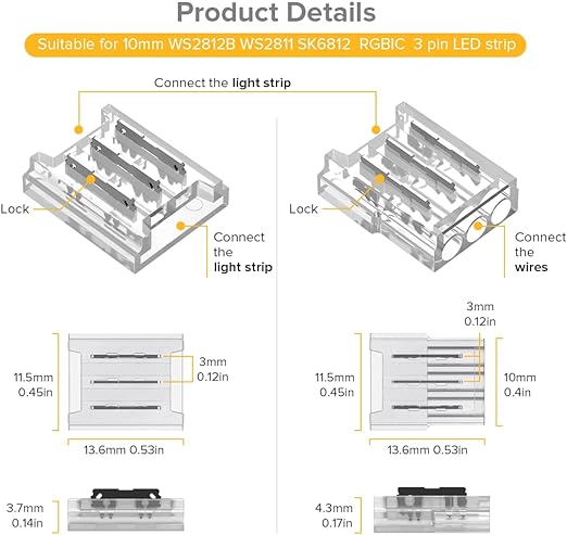 BTF-LIGHTING 3 Pin 10mm 0.39in Width Transparent Connector Kit 8pcs Corner Connector 4pcs Gapless Solderless Connector 4pcs 5.9in Long 22AWG Extension Wires Support WS2812B WS2811 SK6812 SMD LED Strip