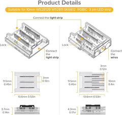 BTF-LIGHTING 3 Pin 10mm 0.39in Width Transparent Connector Kit 8pcs Corner Connector 4pcs Gapless Solderless Connector 4pcs 5.9in Long 22AWG Extension Wires Support WS2812B WS2811 SK6812 SMD LED Strip