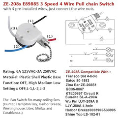 Ceiling Fan Switch Zing Ear ZE-208s E89885 3 Speed 4 Wire Pull Chain Switch Fan Light Switch Replacement Part with 4 Pre-Installed Wires(Nickel Chain)