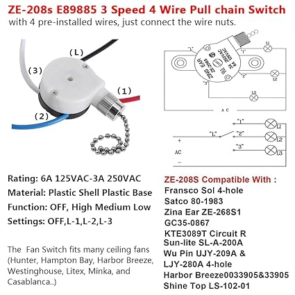 Ceiling Fan Switch Zing Ear ZE-208s E89885 3 Speed 4 Wire Pull Chain Switch Fan Light Switch Replacement Part with 4 Pre-Installed Wires(Nickel Chain)