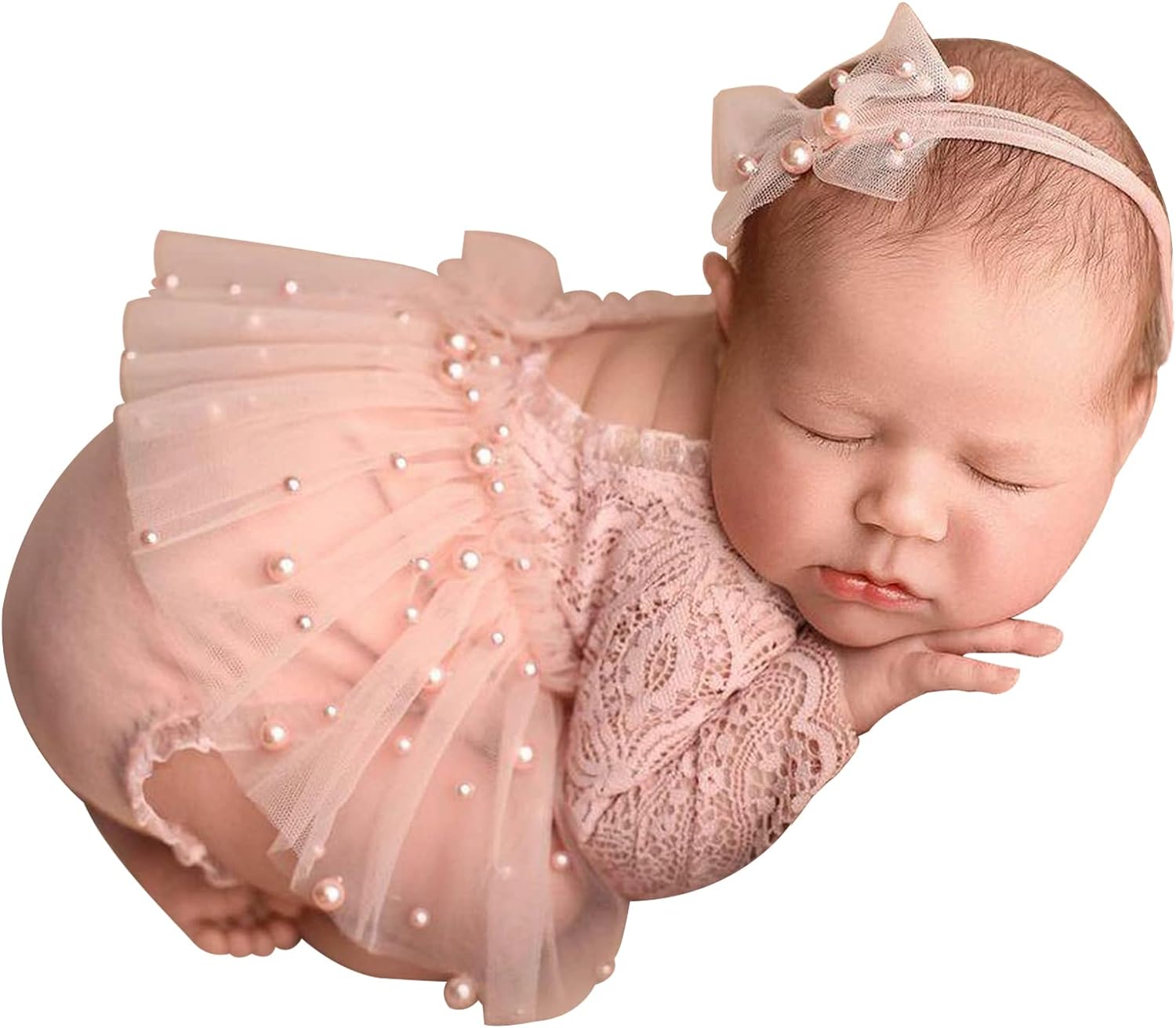 M&G House White/Pink Lace Newborn Photography Outfits Girl Newborn Photography Props Newborn Girl Pearl Lace Christmas Gift