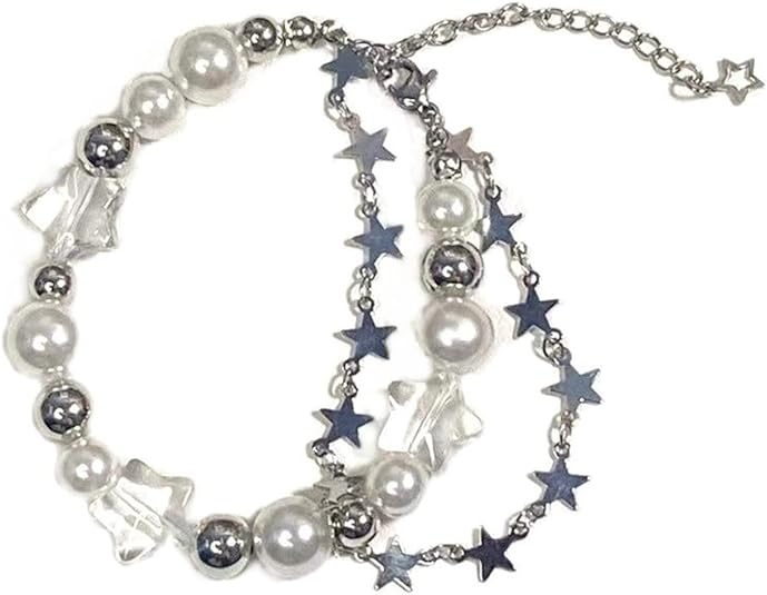 Y2K Star Pearl Beaded Chain Adjustable Aesthetic Bracelet Bracelet Chain Grunge Gift for Women Girl Jewelry Gifts Punk Gothic Link Dainty Bracelet Resin Transparent Star Cool