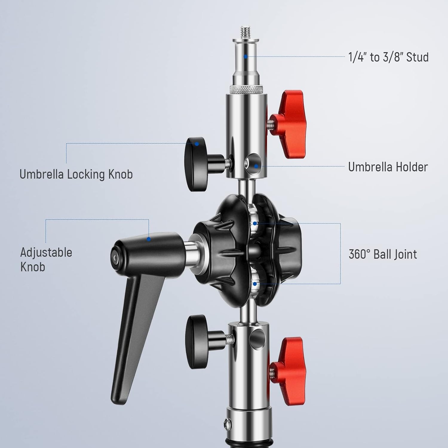 Roll over image to zoom in NEEWER Heavy Duty Light Stand Head Adapter with All Metal Dual Swivel Ball Joint, Dual 5/8" Receivers, 1/4" to 3/8" Convertor Spigot Stud, 3/8" to 5/8" Screw, for C Stand, Max Load 14lb, UA020