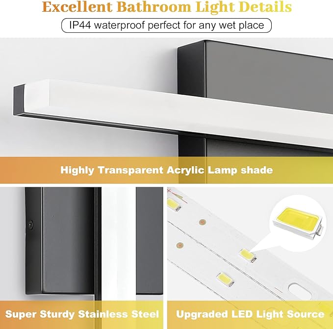 Combuh LED Bathroom Vanity Light Bar 16 Inch 9W Black IP44 Over Mirror Lighting Fixture Wall Sconce Indoor Modern Cool White 6000K