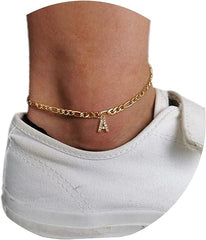 Dainty initial Anklet Bracelets for Women Girls,18K Gold Plated Dainty NK Figaro Chain cubic zircon Charm Initial Anklets for Women girls Jewelry Gifts