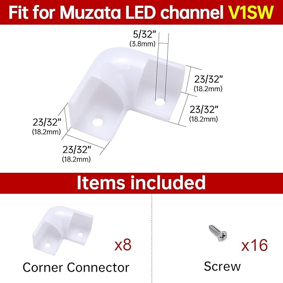 Muzata 8PACK LED Channel Corner Connector Kit L-Shape for V1SW V-Shape Strip Light Aluminum Channels System, 90 Degree Adaptor, LC08 Series LA2 LC2