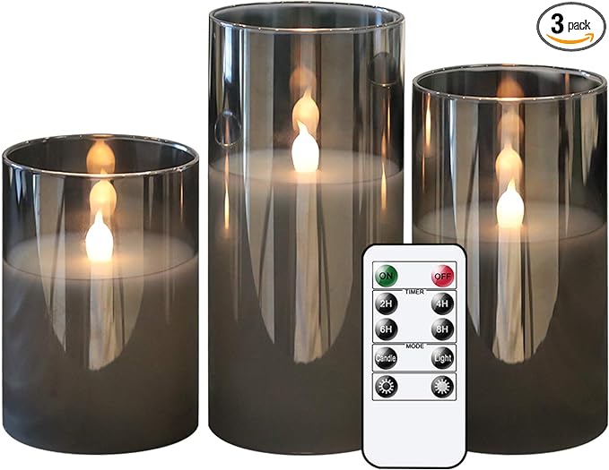 GenSwin Gray Glass Battery Operated Flameless Led Candles with 10-Key Remote and Timer, Real Wax Candles Warm White Flickering Light for Home Decoration(Set of 3)