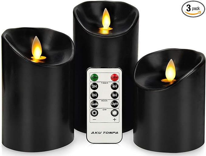 AKU TONPA Flameless Candles Battery Operated Pillar Real Wax Electric LED Candle Set with Remote Control Cycling 24 Hours Timer, Pack of 3 (Black)