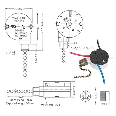 Ceiling Fan Switch Zing Ear ZE-208s E89885 with 4 Pre-Installed Wires 3 Speed 4 Wire Pull Chain Switch Fan Light Switch Replacement Part (Bronze Chain)