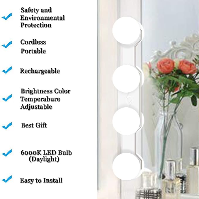 Cordless Rechargeable LED Vanity Mirror Light with Daylight Bulbs for Bathroom Makeup and Dressing Tables