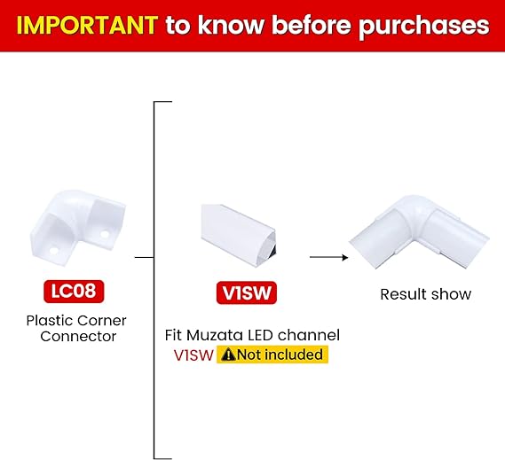 Muzata 8PACK LED Channel Corner Connector Kit L-Shape for V1SW V-Shape Strip Light Aluminum Channels System, 90 Degree Adaptor, LC08 Series LA2 LC2