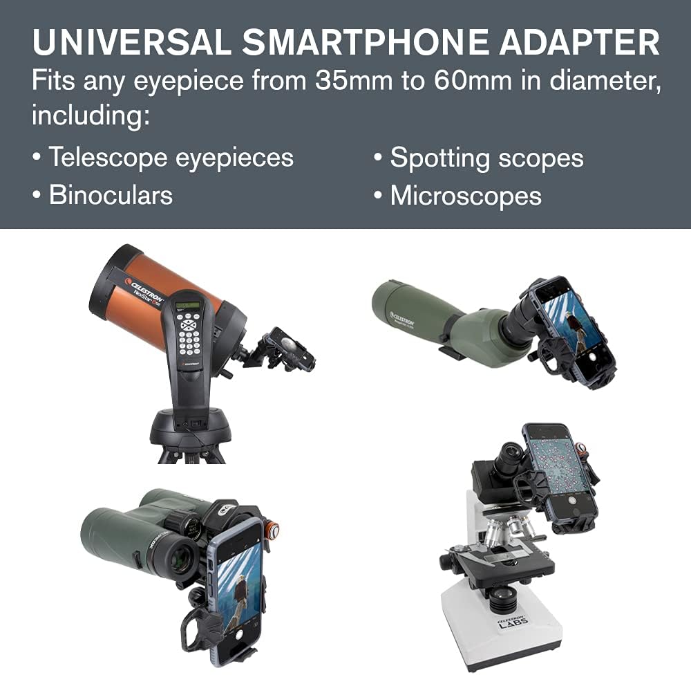 Celestron – NexYZ – 3–Axis Universal Smartphone Adapter for Telescope – Digiscoping Smartphone Adapter – Capture Images and Video Through Your Telescope or Spotting Scope