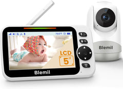 Blemil Baby Monitor with 30-Hour Battery, 5" Large Split-Screen Video Baby Monitor with Camera and Audio, 3500mAh Battery, Remote Pan/Tilt/Zoom Camera, Two-Way Talk, Night Vision, Lullabies, No WiFi