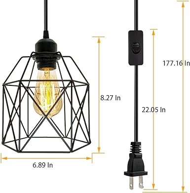 Industrial Plug in Pendant Light, Black Cage Pendant Light Fixture with On/Off Switch, E26 Socket Vintage Hanging Light, Farmhouse Pendant Lighting for Kitchen Living Room Dining Room