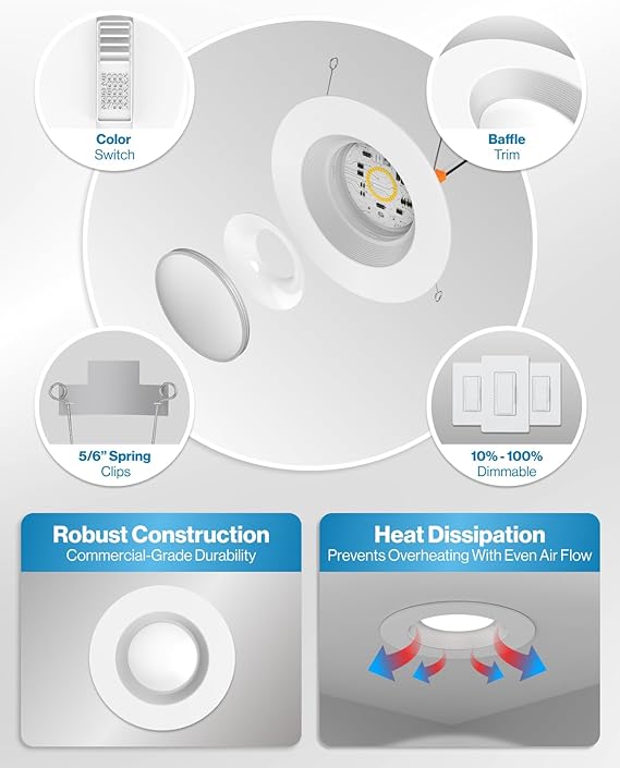 Sunco 24 Pack 5/6 Inch LED Can Lights Retrofit Recessed Lighting Selectable 2700K/3000K/3500K/4000K/5000K Dimmable Baffle Trim 13W=75W, 1050 LM, Replacement Conversion Kit, UL Energy Star