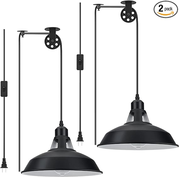 Lomoky Plug in Pendant Light, Hanging Lamp with Black Barn Pendant Lighting with 14.76ft Cord On/Off Switch, Adjustable Pulley Wall Light Fixture Hanging Light for Kitchen Bedroom Restaurant 2 Pack