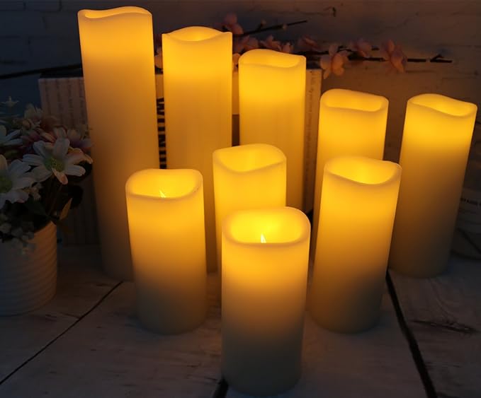 Vinkor Flameless Candles Battery Operated Candles 4" 5" 6" 7" 8" 9" Set of 9 Ivory Real Wax Pillar LED Candles with 10-Key Remote and Cycling 24 Hours Timer