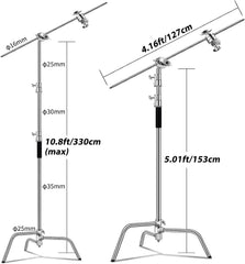 C Stand with Boom Arm-Photography Light Stand - Max Height 10.5ft/320cm, with 4.2ft/128cm Holding Arm , Stainless Steel Heavy Duty Stand Silver (CXJH01)