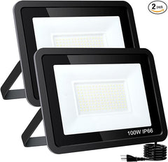 LKXDOV LED Flood Lights Outdoor, 100W 10000LM Outside Work Light with Plug IP66 Waterproof, 6000K Portable Exteriores Security Floodlights for Yard, Garden, Stadium, Playground (2 Pack)