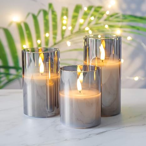 Eywamage Grey Glass Flameless Candles with Remote Battery Operated Flickering LED Pillar Candles Real Wax Wick Φ 3" H 4" 5" 6"