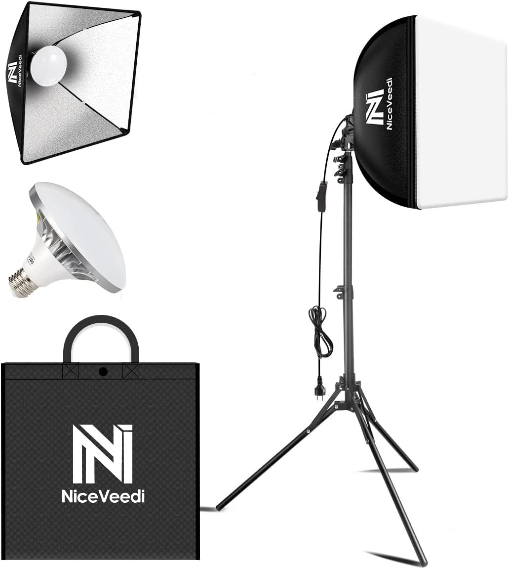 Softbox Lighting Kit, NiceVeedi 16'' x 16'' Softbox Photography Lighting Kit with 63” Tripod Stand & 5400K 450W Equivalent LED Bulb, Continuous Lighting for Photography/Video Record/Live Streaming