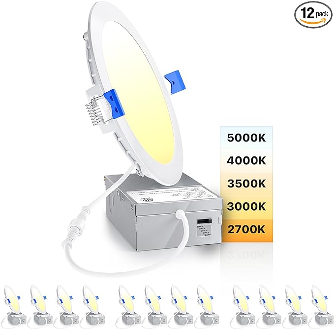 Ensenior 12 Pack 6 Inch Ultra-Thin LED Recessed Light with Junction Box, 2700K/3000K/3500K/4000K/5000K Selectable, 12W 110W Eqv, Dimmable, 1050LM High Brightness - ETL and Energy Star Certified