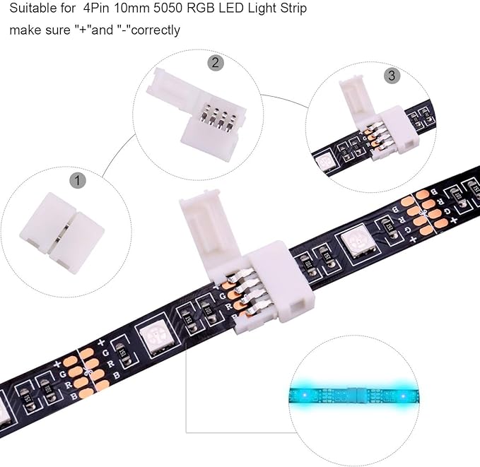 iCreating 4-Pin RGB LED Strip Light Connectors Kit - Includes L-Shape and Jumper Connectors for 5050 LED Strips and Controllers