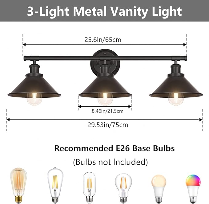 Licperron 3-Light Black Bathroom Vanity Light Fixtures Over Mirror, Farmhouse Vanity Wall Sconce Lighting with Metal Shade, Indoor Wall Mounted Lamp for Bathroom Mirror Cabinet Living Room