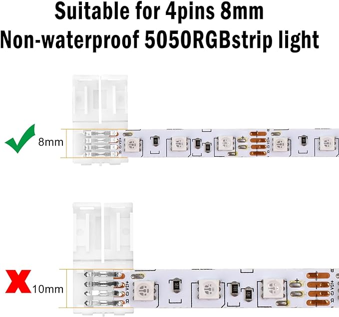 VIPMOON 20 Pack 4 Pin RGB 8mm Solderless Connectors Adapter for SMD 2835 3528 Multicolor Non-Waterproof LED Strip Light (8mm)