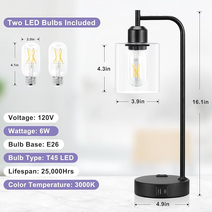 Industrial Touch Table Lamps for Bedrooms Set of 2 - 3-Way Dimmable Nightstand Lamps with USB C+A Ports and Outlet, Black Bedside Lamps with Glass Shade for Living Room, Desk Lamps for Home Office