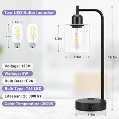 Industrial Touch Table Lamps for Bedrooms Set of 2 - 3-Way Dimmable Nightstand Lamps with USB C+A Ports and Outlet, Black Bedside Lamps with Glass Shade for Living Room, Desk Lamps for Home Office