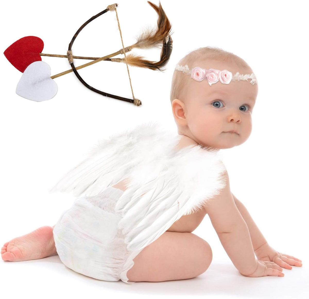 AMOR PRESENT Baby Angel Wings, 5PCS Newborn Photoshoot Clothes White Angel Feather Wing Baby Cupid Costume Set